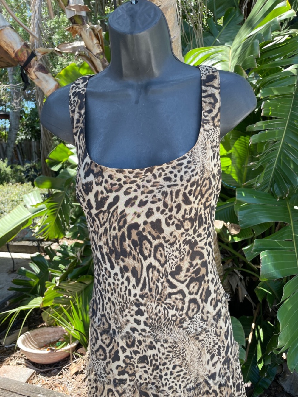 bias, cut, leopard print drop waste dress with raw edge fringe - Picture 3 of 10